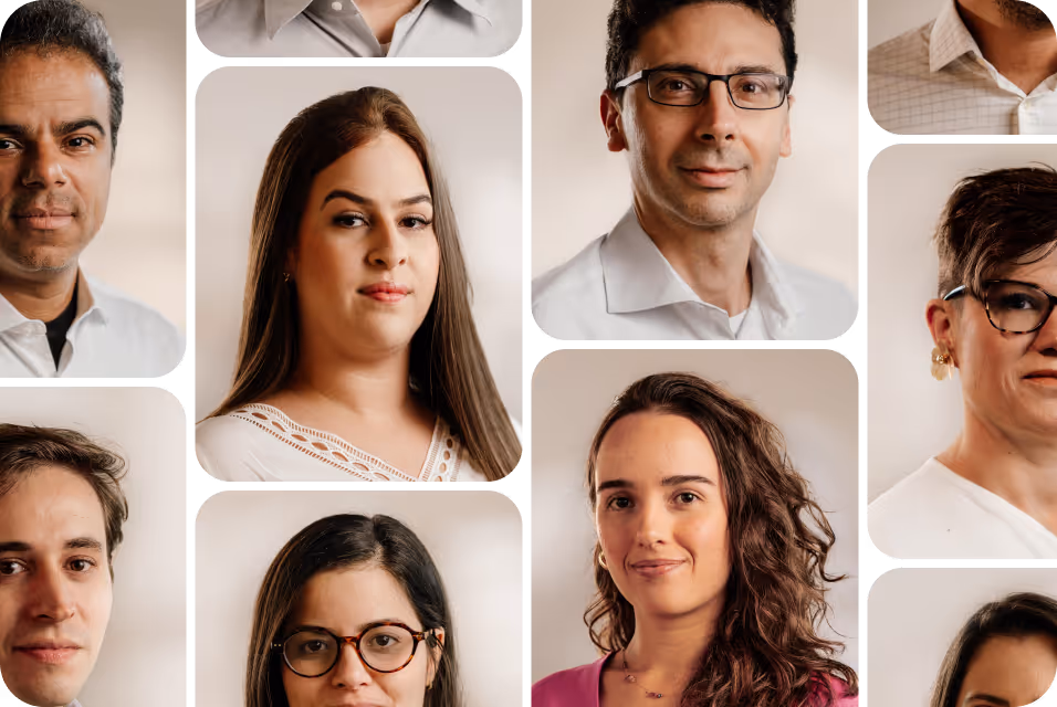 Mosaíco de fotos dos médicos da Alice Saúde.