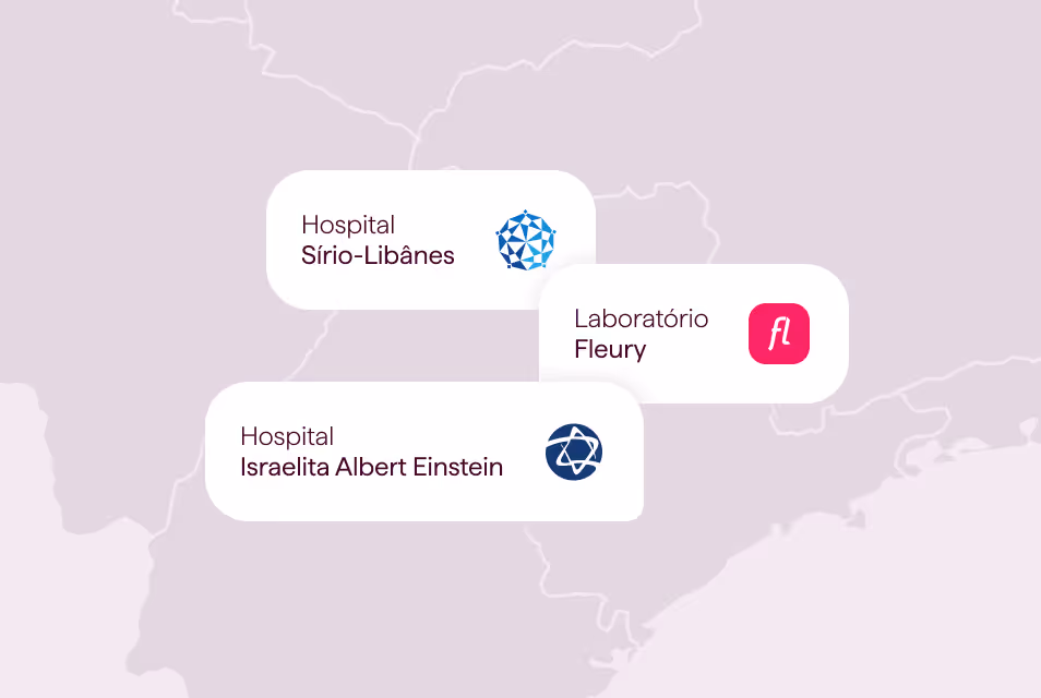 Logos de Hospital Sírio-Libanês, Hospital Israelita Albert Einstein, e Laboratório Fleury em um mapa. Rede Credenciada da Alice.
